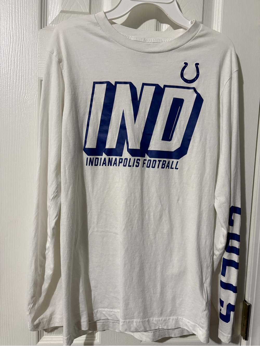 Fanatics White Long Sleeve IND Graphic Tee with Blue Logo